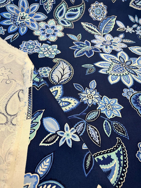 Waverly Charismatic Delft Blue Floral Drapery Upholstery Fabric - Delft Blue Floral, 54" Width (1 Yard)