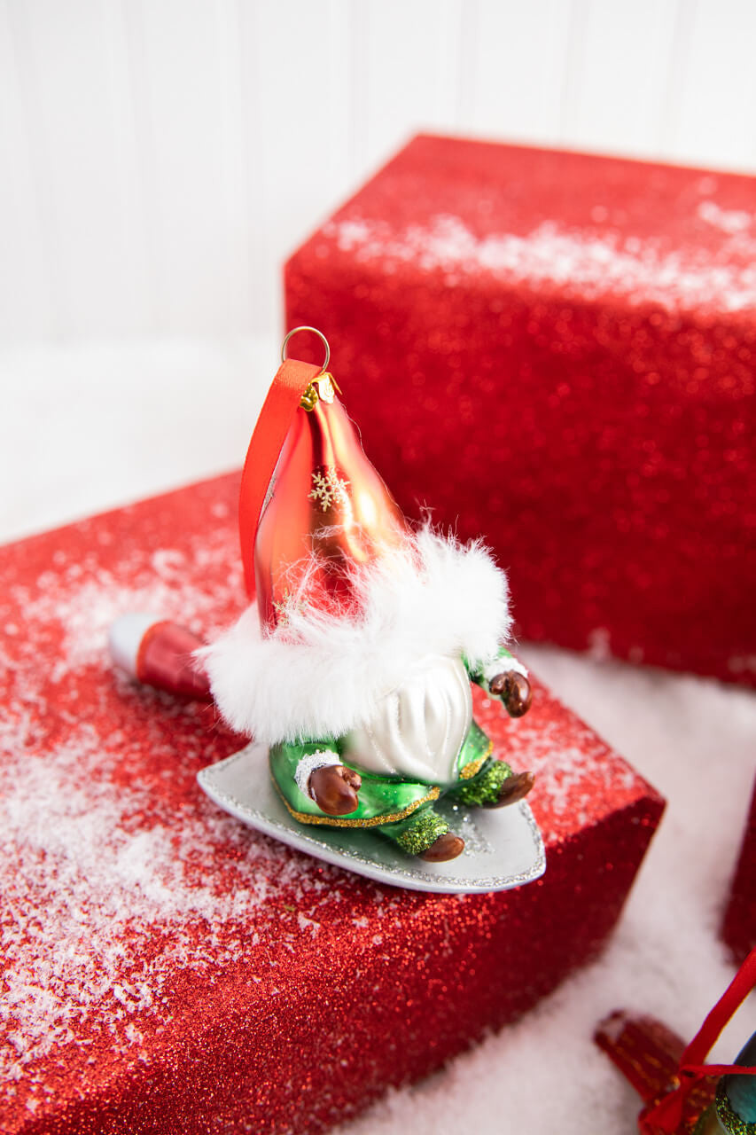 RADYAN 5” Gnome Riding Cardinal Glass Ornament