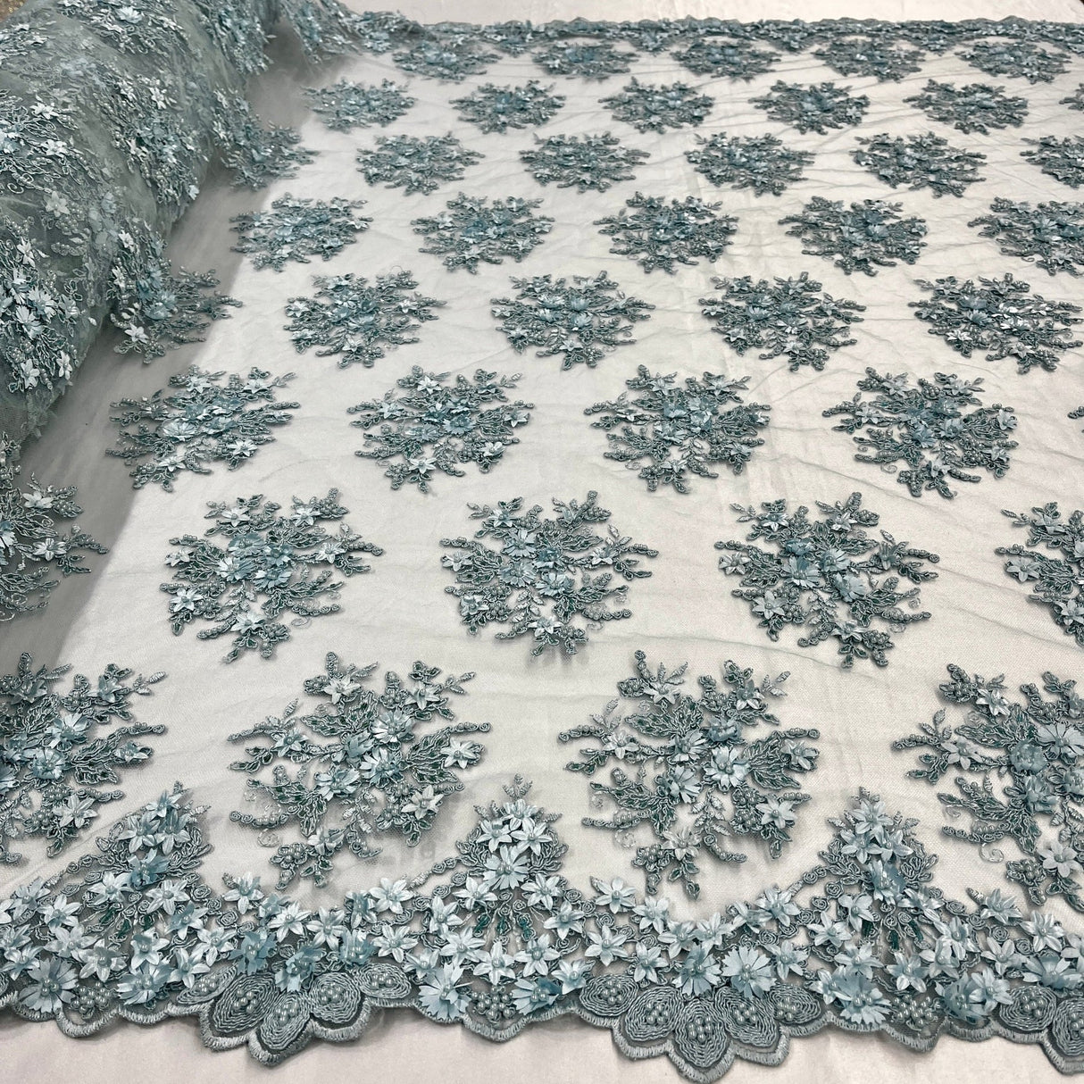 1 Yard Whimsical Pink Beaded 3D Floral Lace Fabric on Net Mesh 50 inch Width