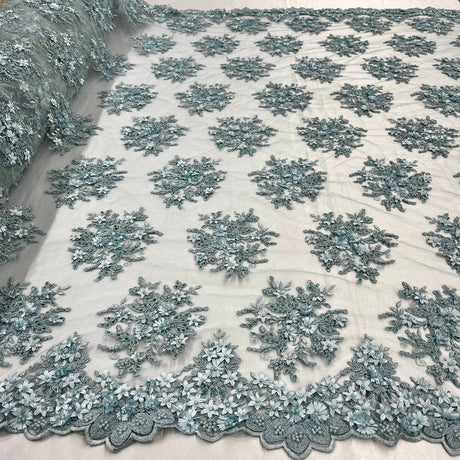 1 Yard Whimsical Pink Beaded 3D Floral Lace Fabric on Net Mesh 50 inch Width