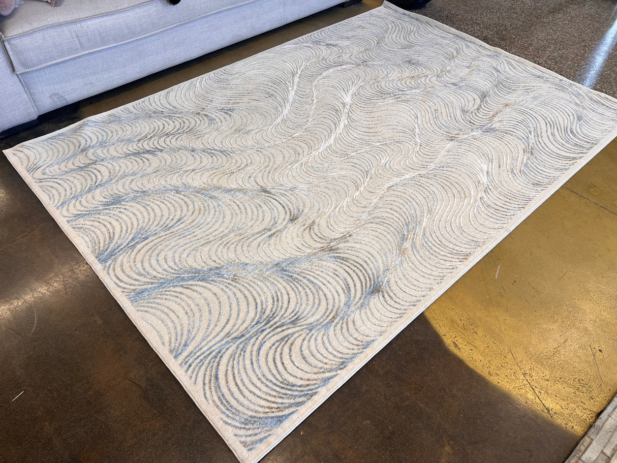 KAI 304 Polyester Fabric - Cream Rug With Blue, Gold-Brown & Silver Viscose Swirl Accents, Machine Made (5' 3" X 7' 4" / 7' 9" X 10' 9" / 10' X 13")