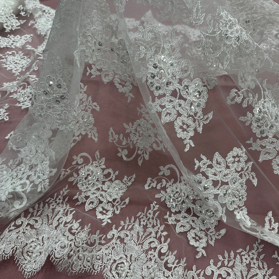 1 Yard Luxurious Beaded Lace Fabric Embroidered on Soft Polyester Net Mesh