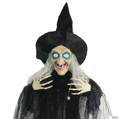 Animated Hanging Witch Halloween Decoration with Lights and Sound, hangs on a porch or door for spooky Halloween display