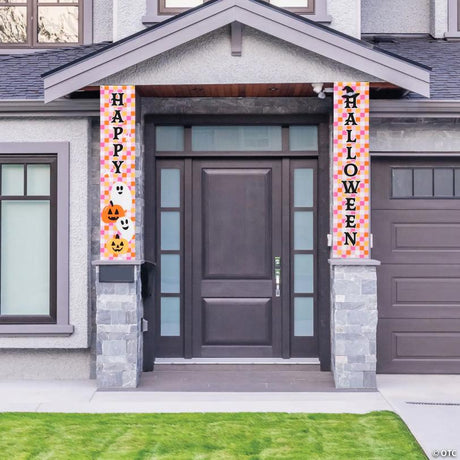 RADYAN Checkerboard Polyester Halloween Vertical Banners Set of 2 for Porches shown in a clear product image