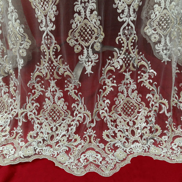 Beaded Lace Fabric on Polyester Net Mesh 53"