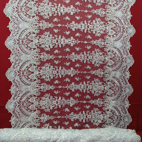 Beaded Lace Fabric Embroidered On 100 Percent Polyester Net Mesh - Off White, Beaded Embroidered Lace, 51" Width (1 Yard)
