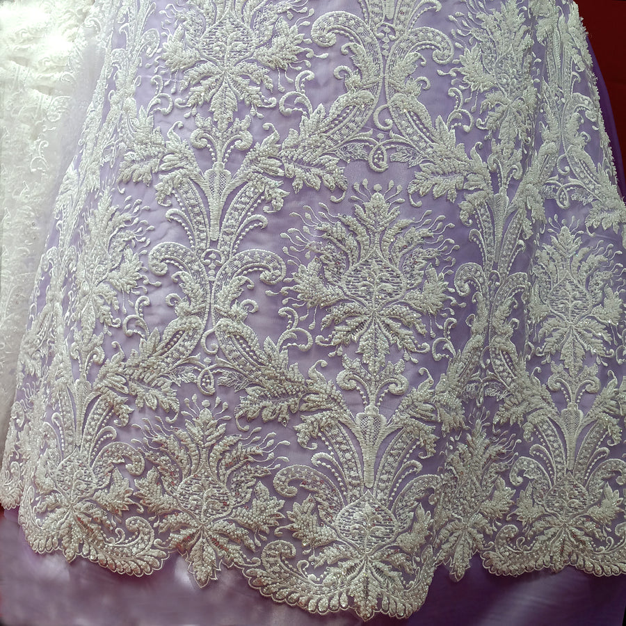 1 Yard Beaded Lace Fabric Embroidered on 100% Polyester Net Mesh