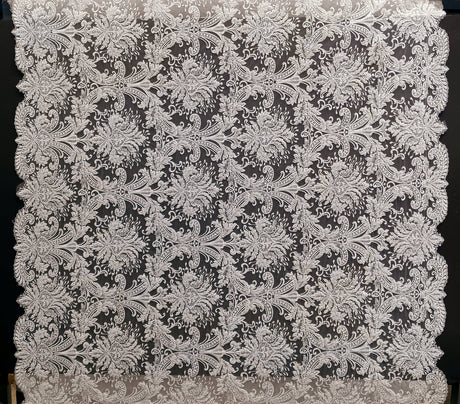 Beaded Lace Fabric Embroidered On 100 Percent Polyester Net Mesh - Off White, White Floral Sequin Embroidery, 48" Width (1 Yard)