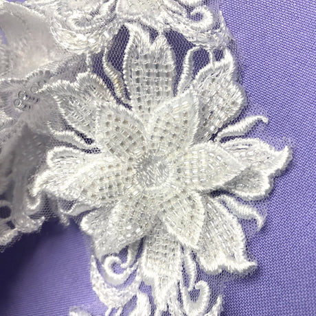 Beaded 3D Floral Lace Trimming Polyester Fabric - 3D Floral Embroidered Beaded Net Mesh, 2.5" Width (1 Yard)