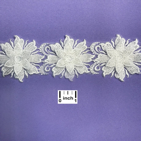 Beaded 3D Floral Lace Trimming, 100% Polyester Net Mesh, 2.5"