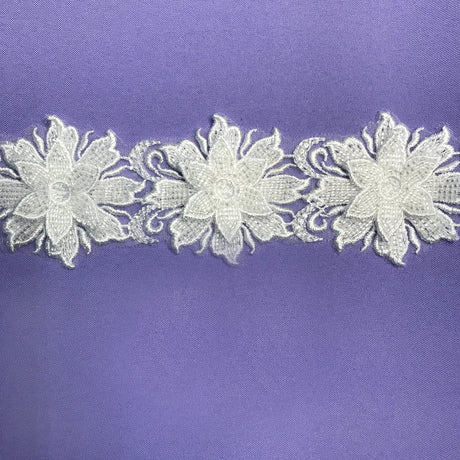 Beaded 3D Floral Lace Trimming Polyester Fabric - 3D Floral Embroidered Beaded Net Mesh, 2.5" Width (1 Yard)