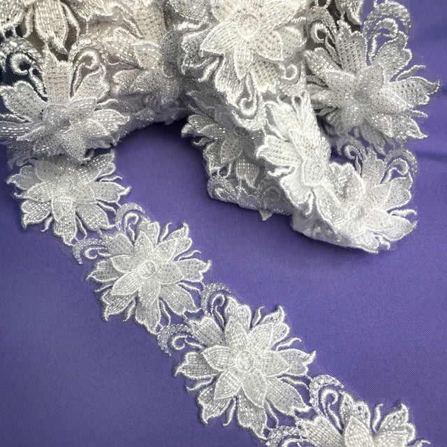 Beaded 3D Floral Lace Trimming, 100% Polyester Net Mesh, 2.5"