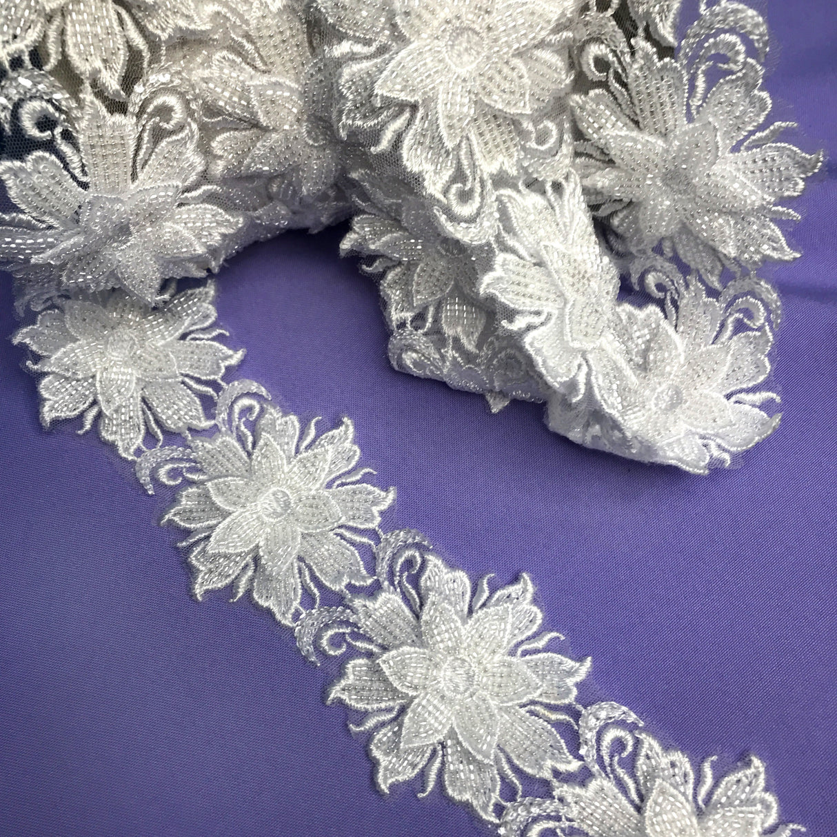 Beaded 3D Floral Lace Trimming Polyester Fabric - 3D Floral Embroidered Beaded Net Mesh, 2.5" Width (1 Yard)