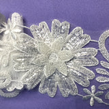 Beaded 3D Floral Lace Trimming Polyester Fabric - White, 3.5" Width (1 Yard)