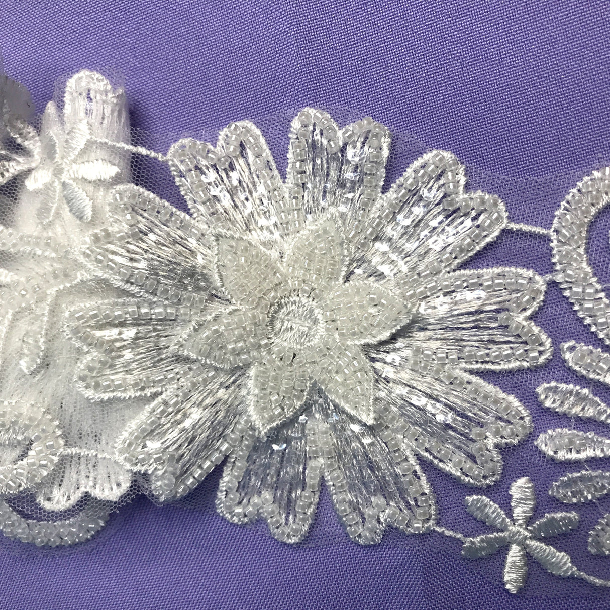 Beaded 3D Floral Lace Trimming White Off White 3.5"