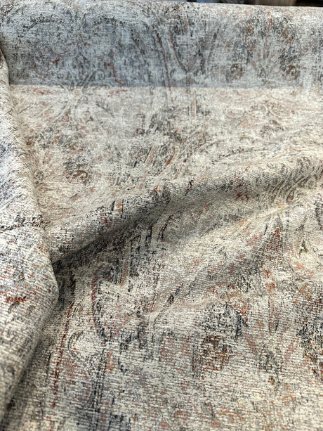 Imogen Ember Orange Distressed Damask Chenille Fabric - Rust Orange, Beige Off White, 56" Width (1 Yard)