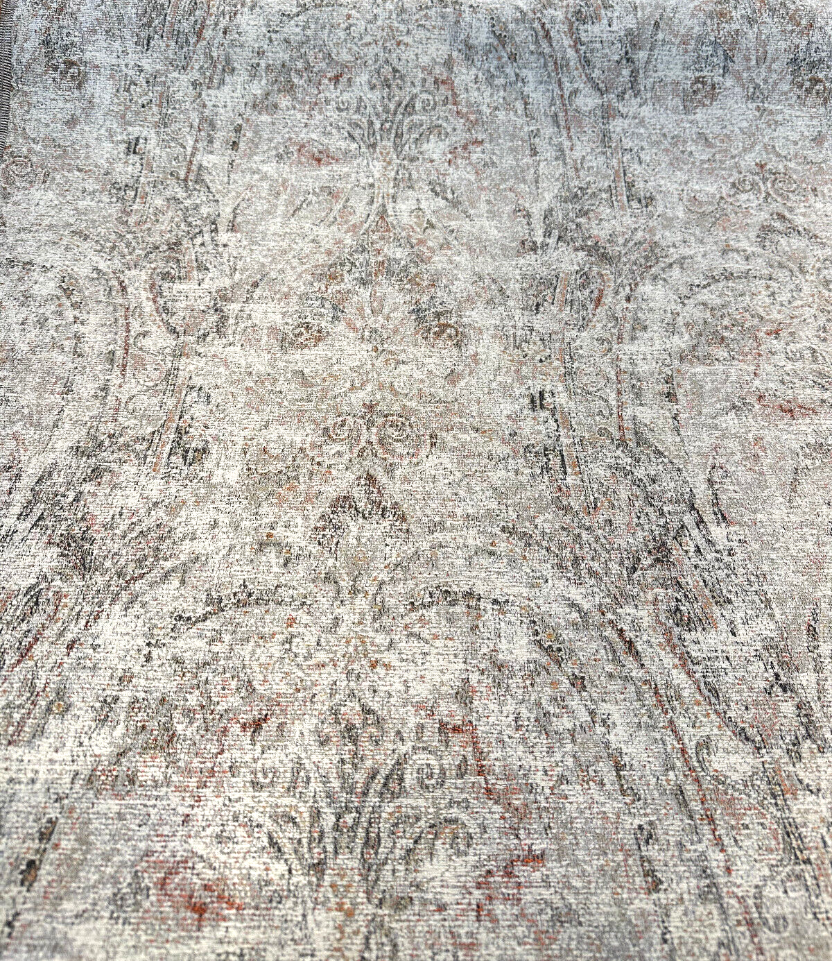 Imogen Ember Orange Distressed Damask Chenille Fabric - Rust Orange, Beige Off White, 56" Width (1 Yard)