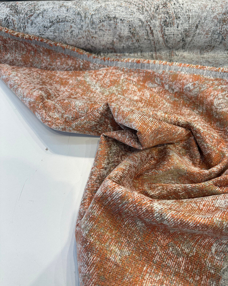 Imogen Ember Orange Distressed Damask Chenille Fabric - Rust Orange, Beige Off White, 56" Width (1 Yard)