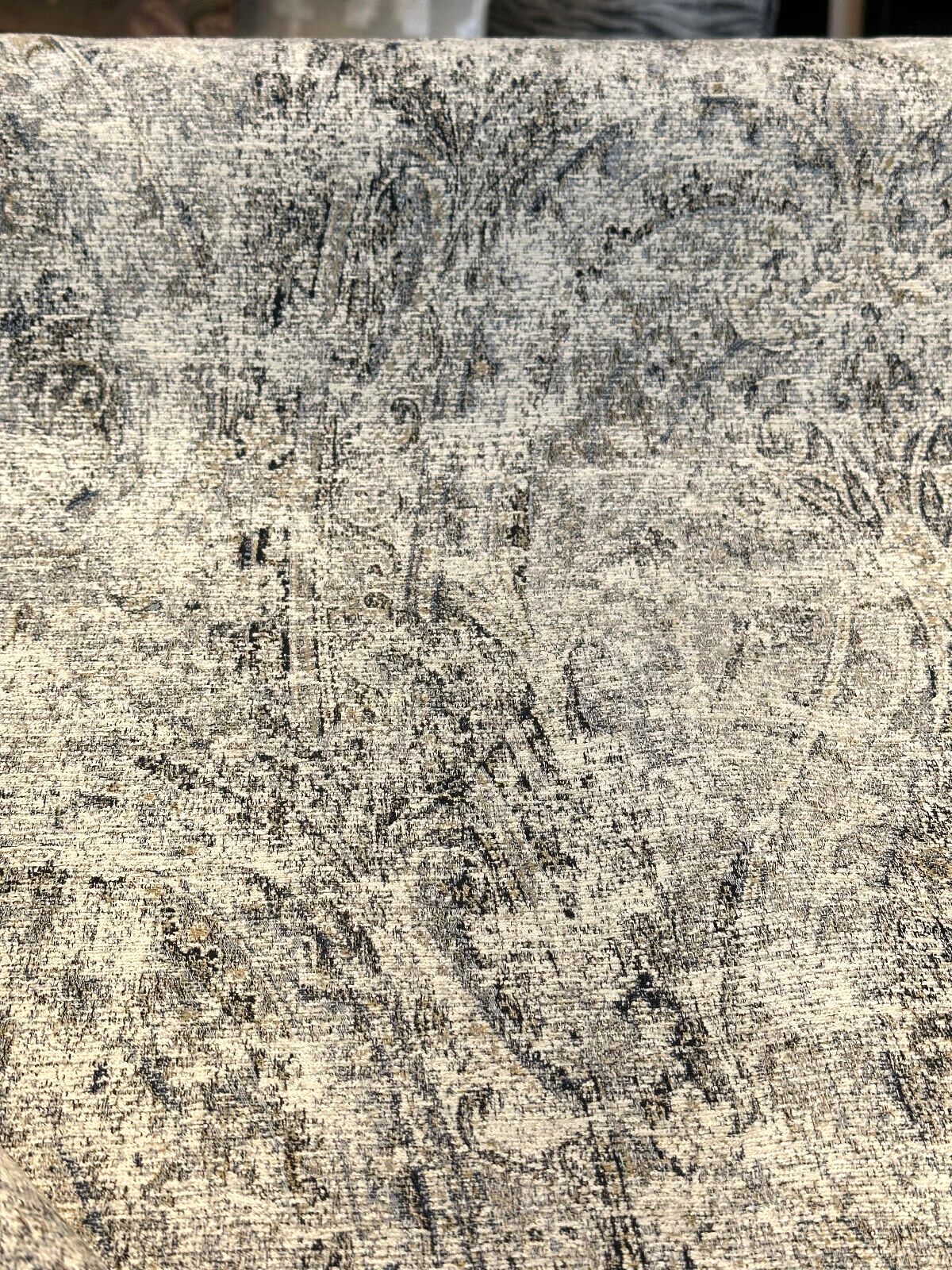 Imogen Rain Damask Distressed Chenille Fabric - Blue Grey Damask, 56" Width (1 Yard)