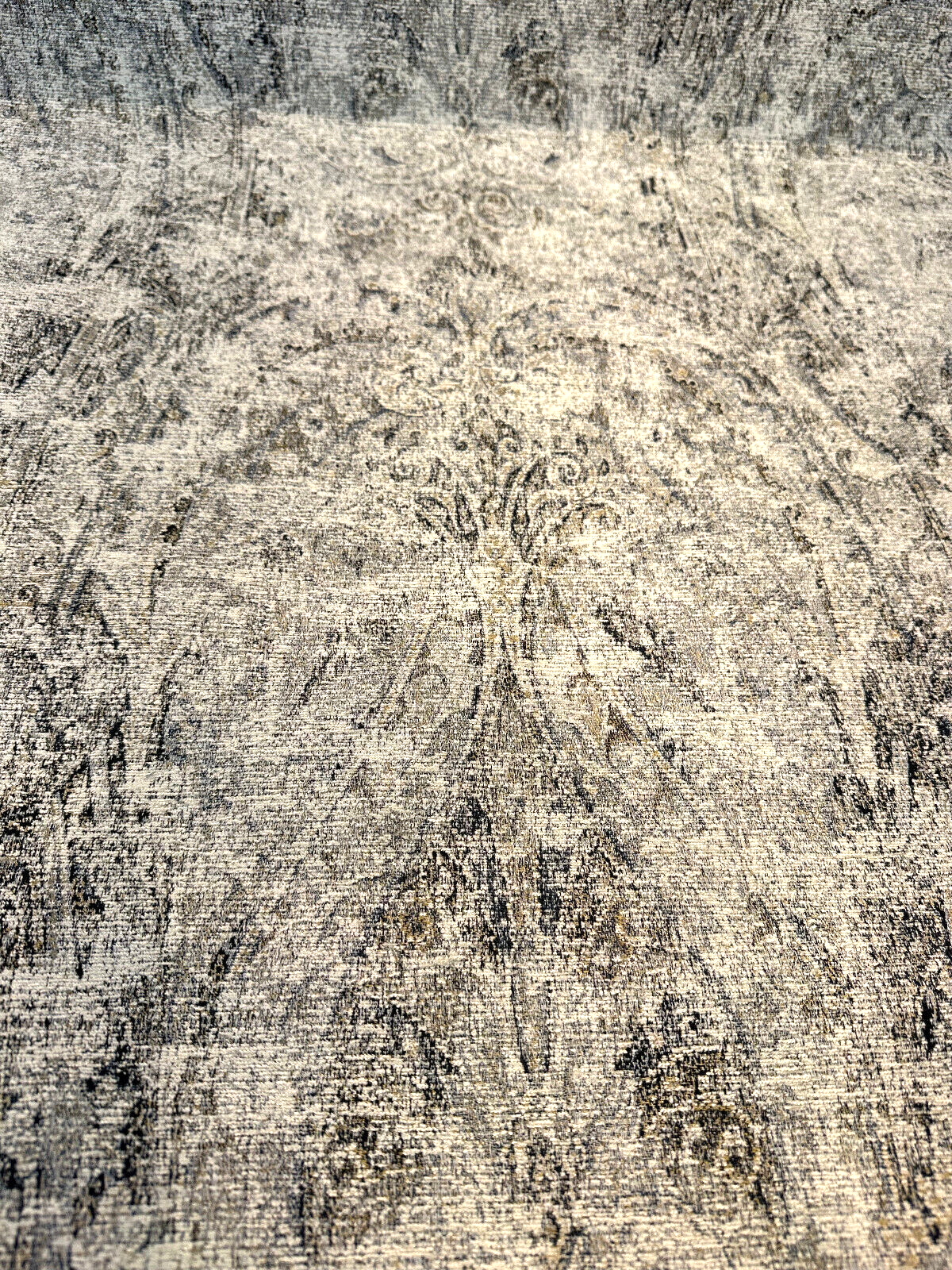 Imogen Rain Damask Distressed Chenille Fabric - Blue Grey Damask, 56" Width (1 Yard)