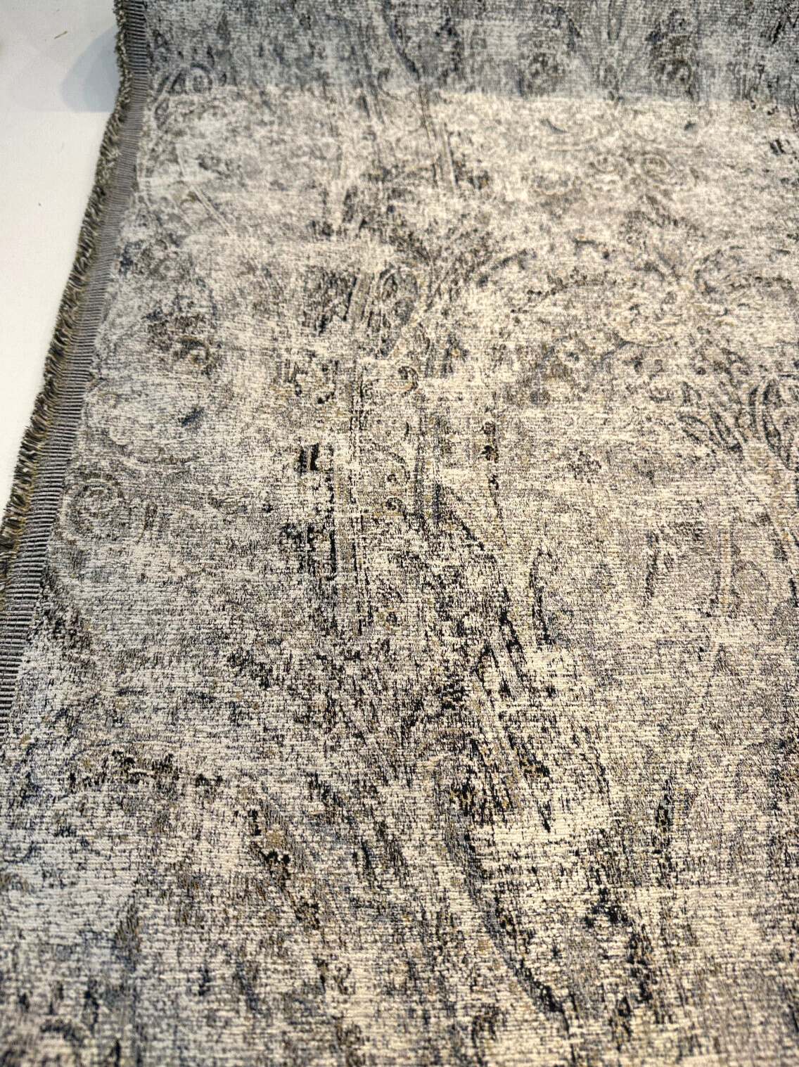 Imogen Rain Damask Distressed Chenille Fabric - Blue Grey Damask, 56" Width (1 Yard)
