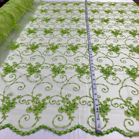 Beaded Lace Fabric on Polyester Net Mesh 52"