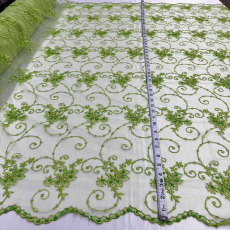 Beaded Lace Polyester Fabric - Embroidered Net Mesh, Lime Green, Pink, Brown, Ivory, 52" Width (1 Yard)