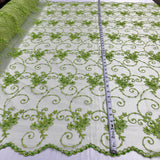 1 Yard - Beaded Lace Fabric Embroidered on 100% Polyester Net Mesh - Ivory - 52"