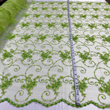 Beaded Lace Polyester Fabric - Embroidered Net Mesh, Lime Green, Pink, Brown, Ivory, 52" Width (1 Yard)