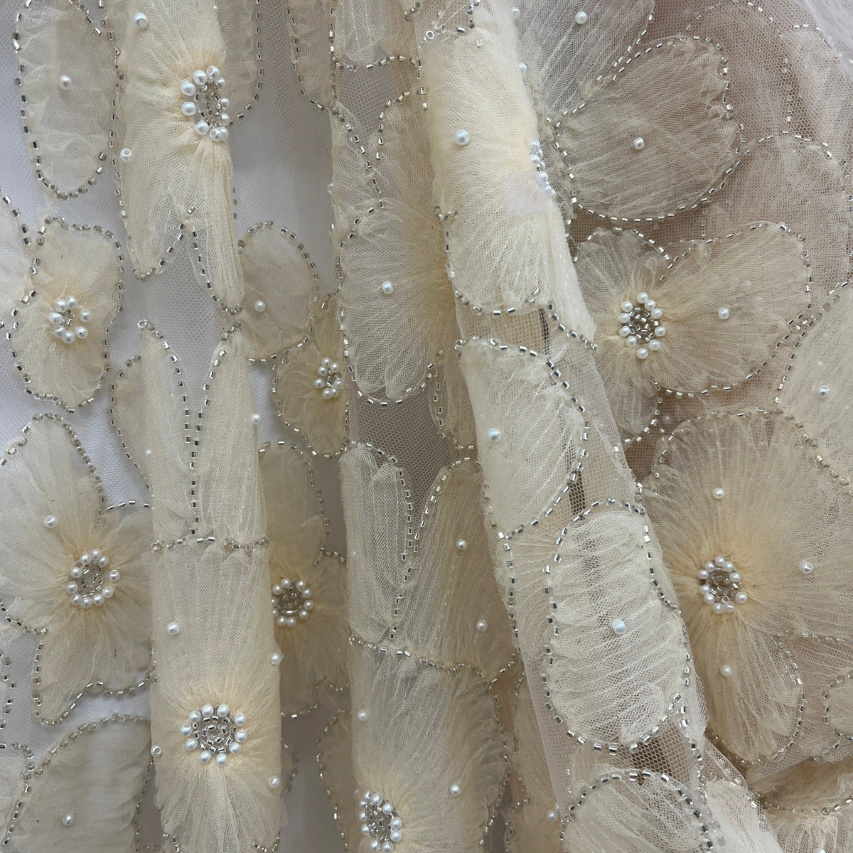 1 Yard 52" Wide Beaded 3D Floral Lace Fabric Embroidered on 100% Polyester Net Mesh