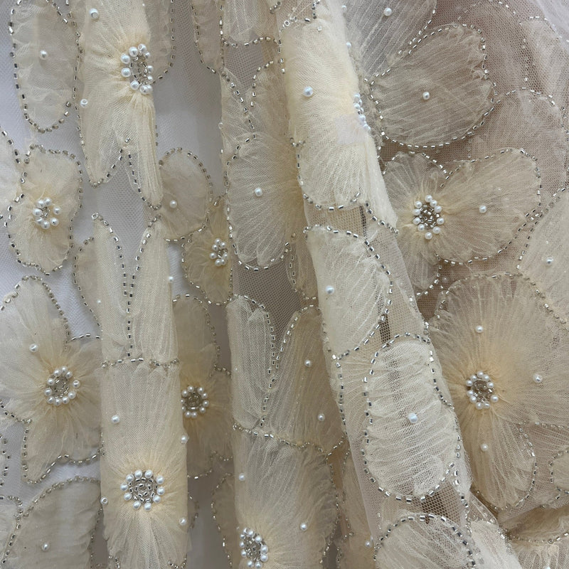 1 Yard Exquisite Champagne Beaded 3D Floral Lace Fabric on Net Mesh 52 inch Width