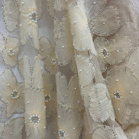 Beaded 3D Floral Lace Fabric - 3D Floral Embroidered Net Mesh, 52" Wide (1 Yard)