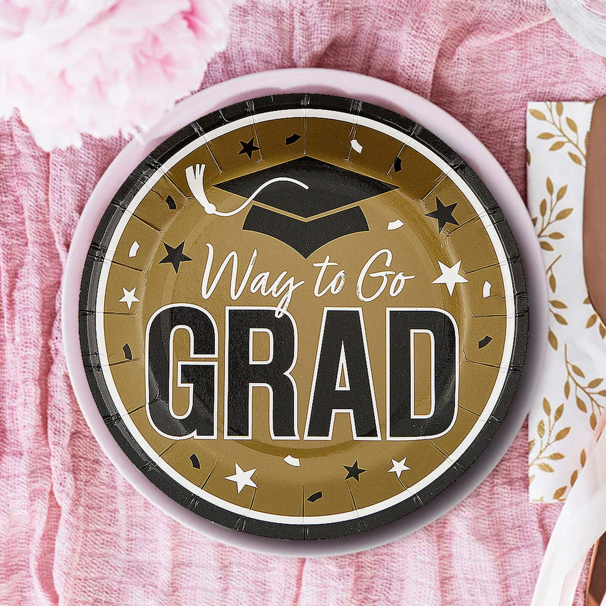 25 Count Gold Way to Go Grad Paper Dessert Plates Graduation Celebration Plates 7 1/4 Inch