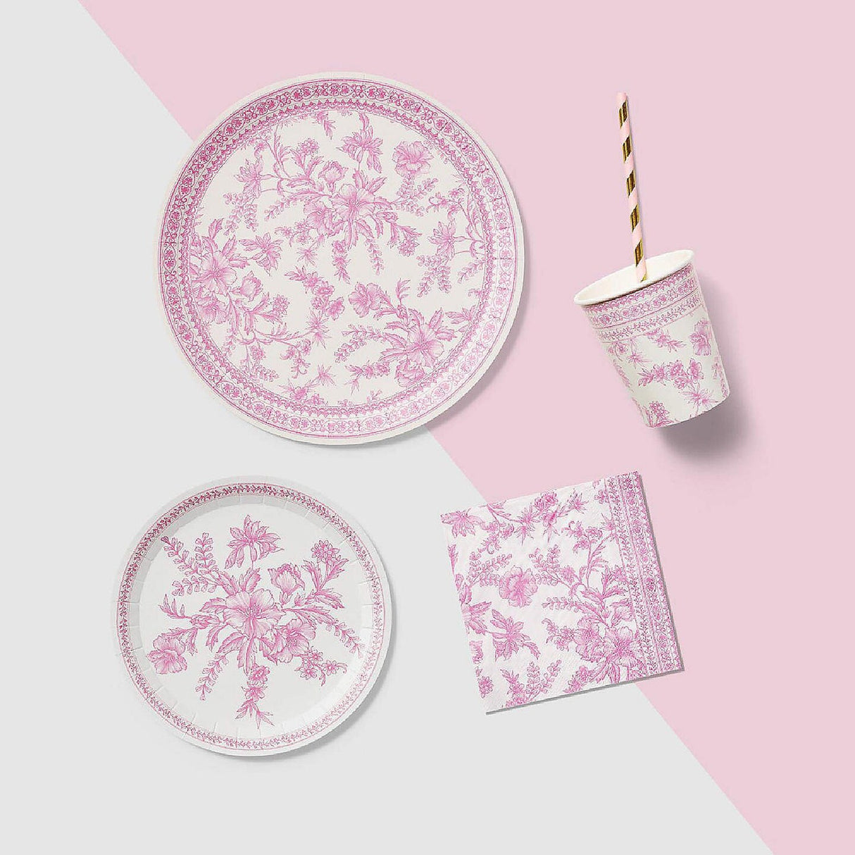 10 Count Pink Toile Large Paper Plates Elegant Disposable Party Supplies 9.25 Inches