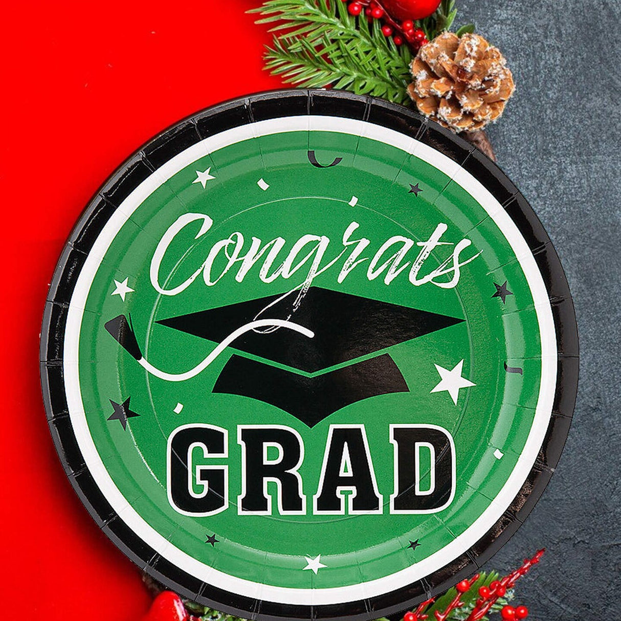 25 Count Green Graduation Dessert Plates Disposable Celebration Supplies 7 1/4 Inch