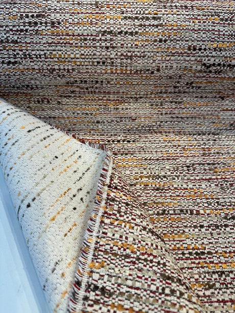 Miu Miu Fresco Chenille Tweed Upholstery Fabric - Burgundy With Hints Of Red Orange Brown On Beige Background, 56" Width (1 Yard)