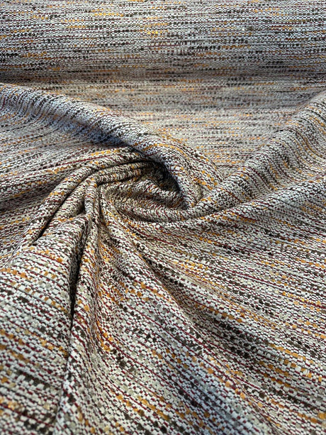 Miu Miu Fresco Chenille Tweed Upholstery Fabric - Burgundy With Hints Of Red Orange Brown On Beige Background, 56" Width (1 Yard)