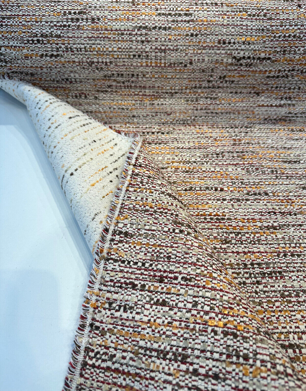 Miu Miu Fresco Chenille Tweed Upholstery Fabric - Burgundy With Hints Of Red Orange Brown On Beige Background, 56" Width (1 Yard)