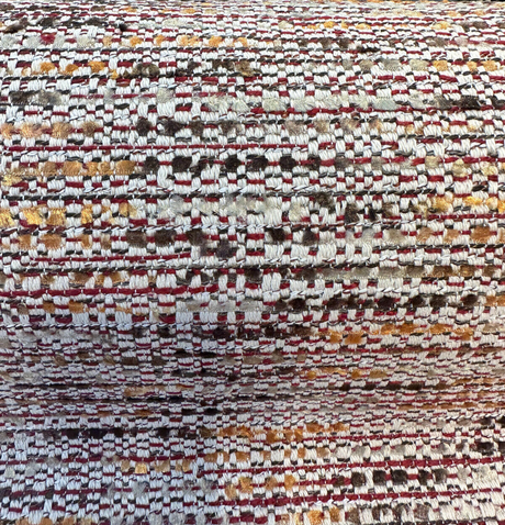 Miu Miu Fresco Chenille Tweed Upholstery Fabric - Burgundy With Hints Of Red Orange Brown On Beige Background, 56" Width (1 Yard)