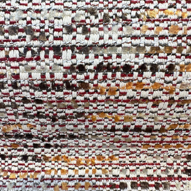 Miu Miu Fresco Chenille Tweed Upholstery Fabric - Burgundy With Hints Of Red Orange Brown On Beige Background, 56" Width (1 Yard)
