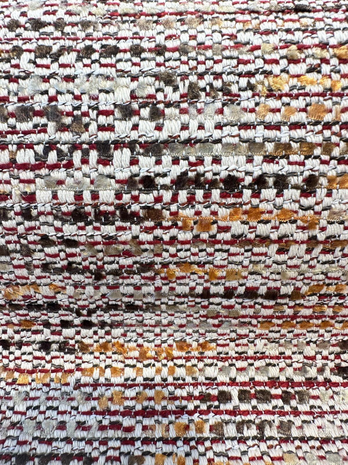 Miu Miu Fresco Chenille Tweed Upholstery Fabric - Burgundy With Hints Of Red Orange Brown On Beige Background, 56" Width (1 Yard)