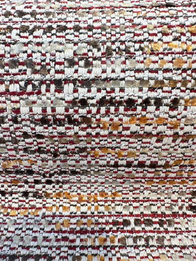 Miu Miu Fresco Chenille Tweed Upholstery Fabric - Burgundy With Hints Of Red Orange Brown On Beige Background, 56" Width (1 Yard)