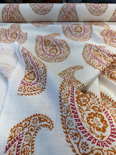 Madira Papaya Linen Cotton Blend Fabric - Papaya Paisley, Ivory Orange Pink, 54" Width (1 Yard)