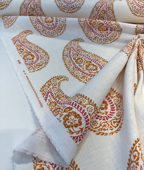 Madira Papaya Linen Cotton Blend Fabric - Papaya Paisley, Ivory Orange Pink, 54" Width (1 Yard)