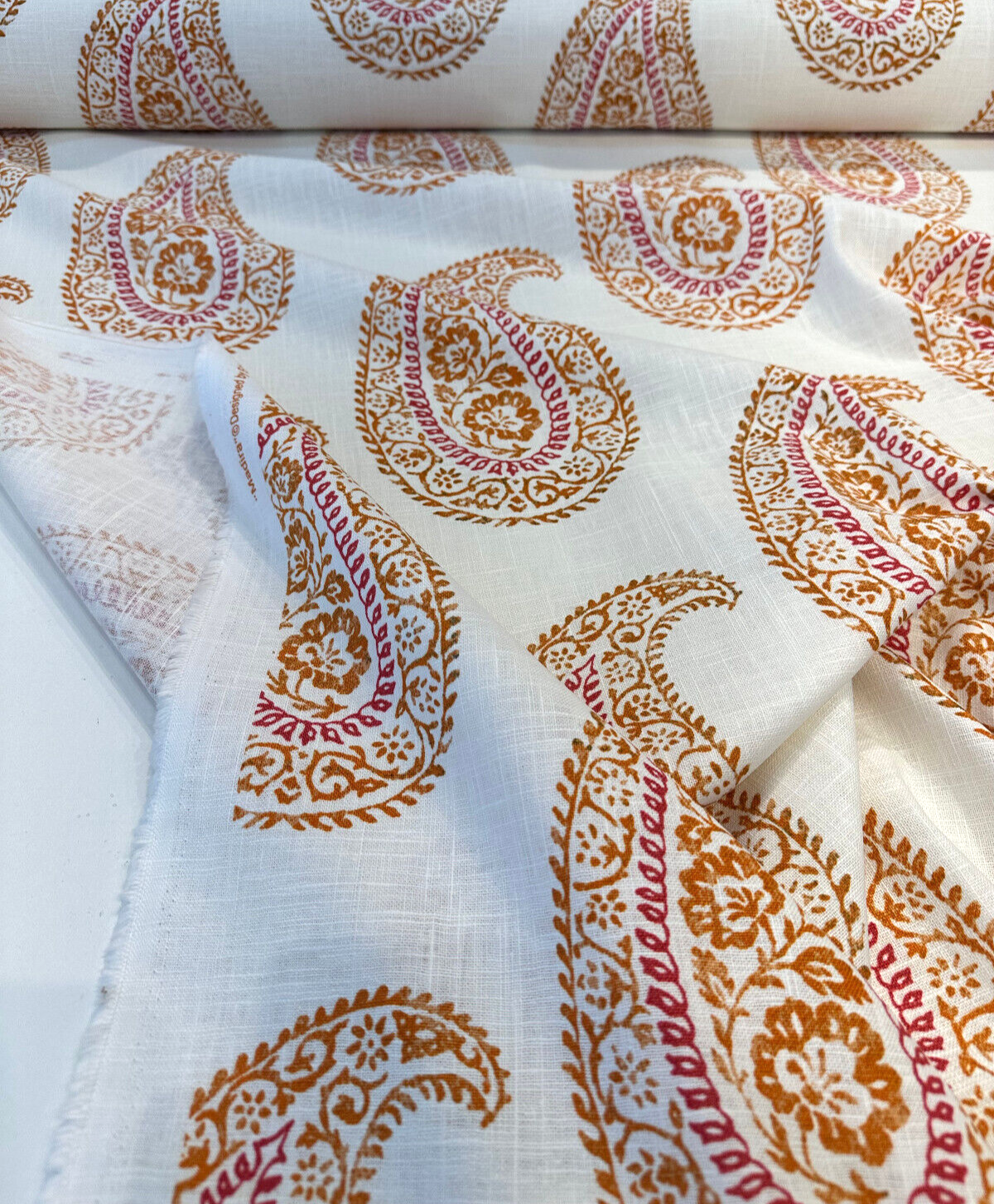 Madira Papaya Linen Cotton Blend Fabric - Papaya Paisley, Ivory Orange Pink, 54" Width (1 Yard)