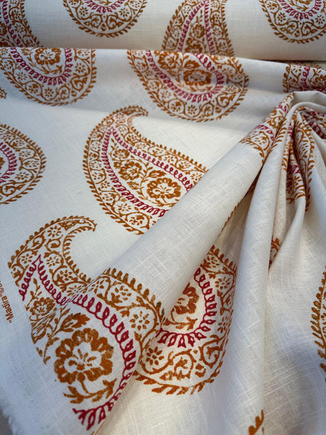 Madira Papaya Linen Cotton Blend Fabric - Papaya Paisley, Ivory Orange Pink, 54" Width (1 Yard)