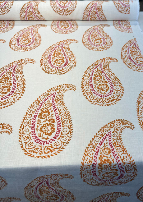 Madira Papaya Linen Cotton Blend Fabric - Papaya Paisley, Ivory Orange Pink, 54" Width (1 Yard)