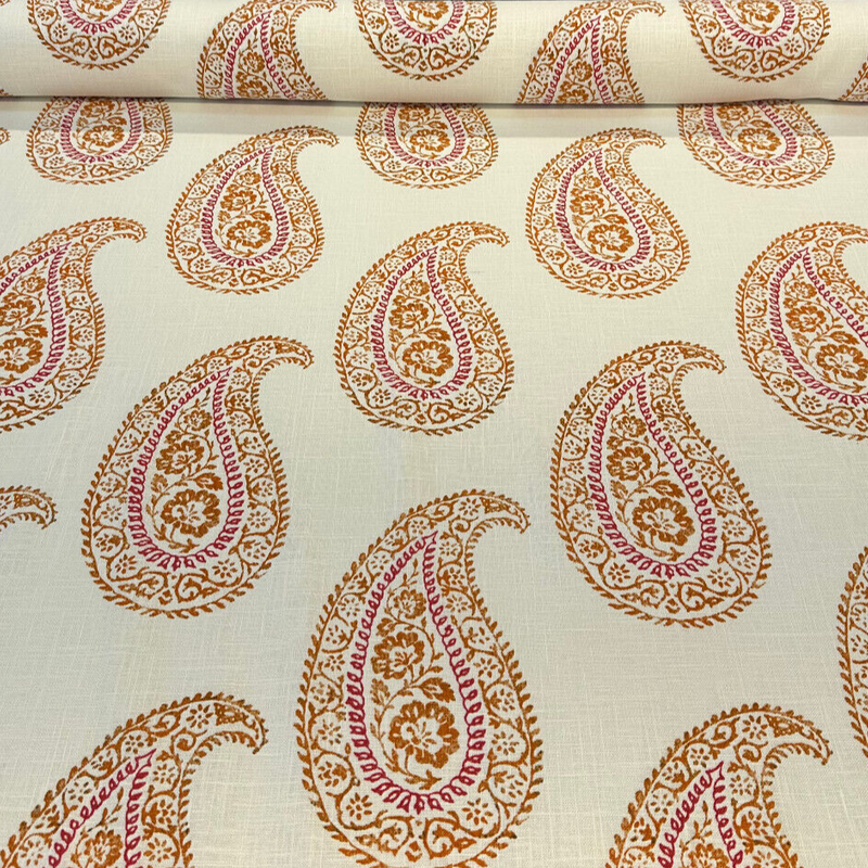 Madira Papaya Linen Cotton Blend Fabric - Papaya Paisley, Ivory Orange Pink, 54" Width (1 Yard)