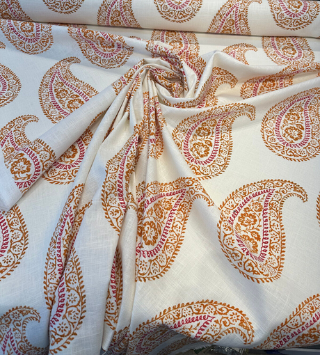 Madira Papaya Linen Cotton Blend Fabric - Papaya Paisley, Ivory Orange Pink, 54" Width (1 Yard)