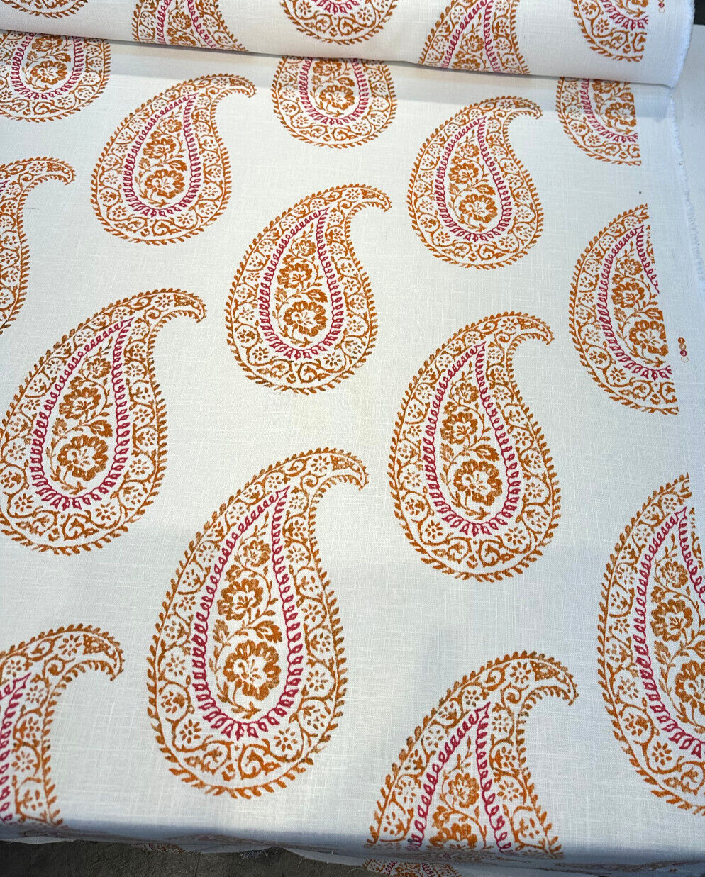Madira Papaya Linen Cotton Blend Fabric - Papaya Paisley, Ivory Orange Pink, 54" Width (1 Yard)